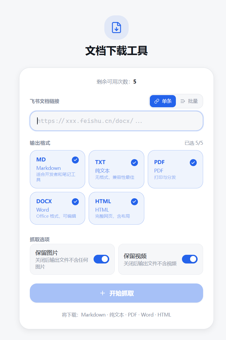 工具主界面：飞书链接输入框与格式选择